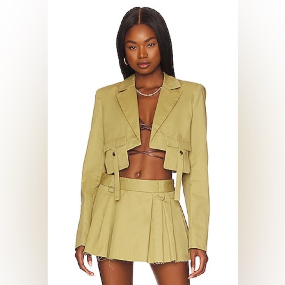 BY.DYLN Porter Crop Blazer (XS) and Parsons Skirt (S) Set in Light Khaki Used 2x